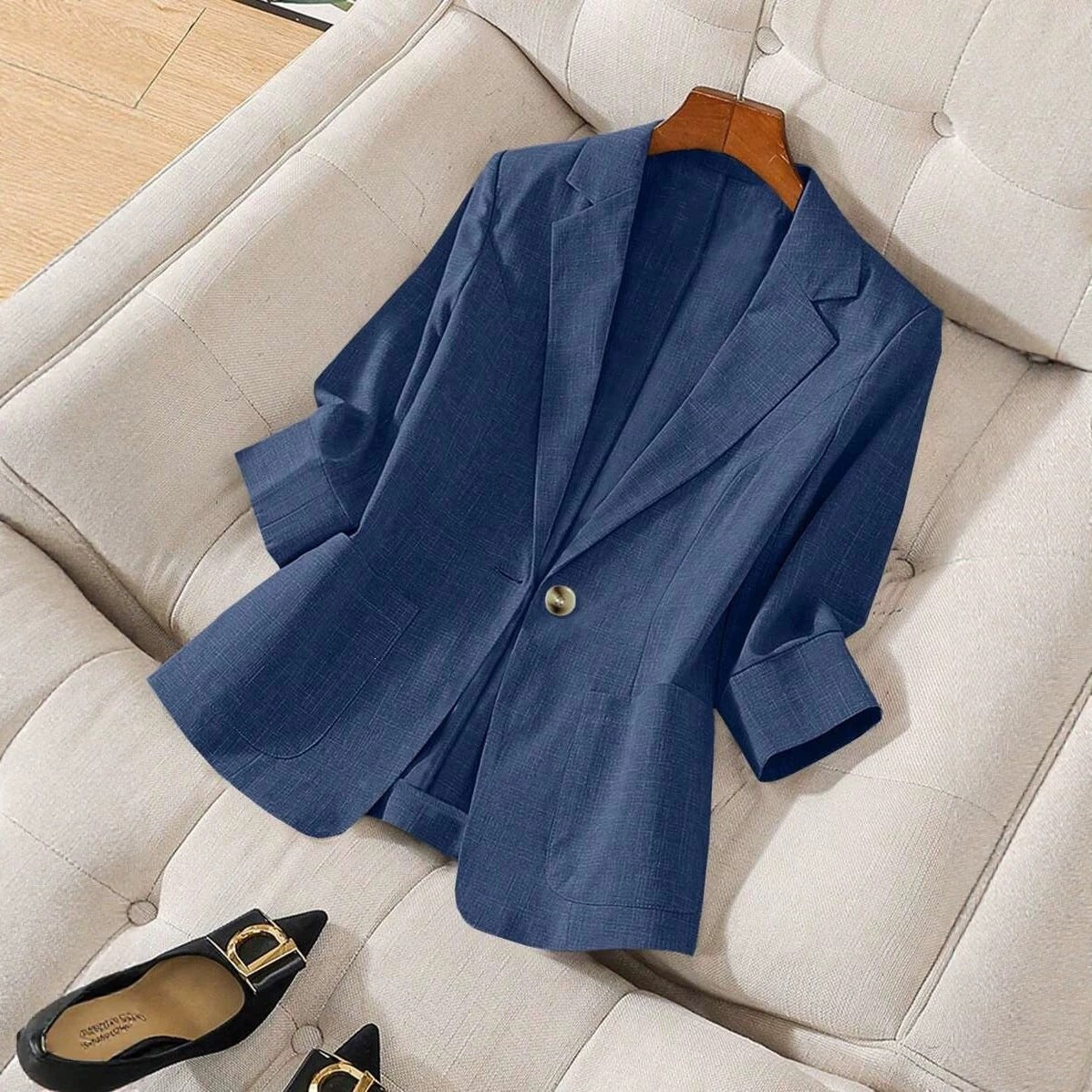 Women's Single Button Notch Lapel 3/4 Sleeve Blazer Jacket