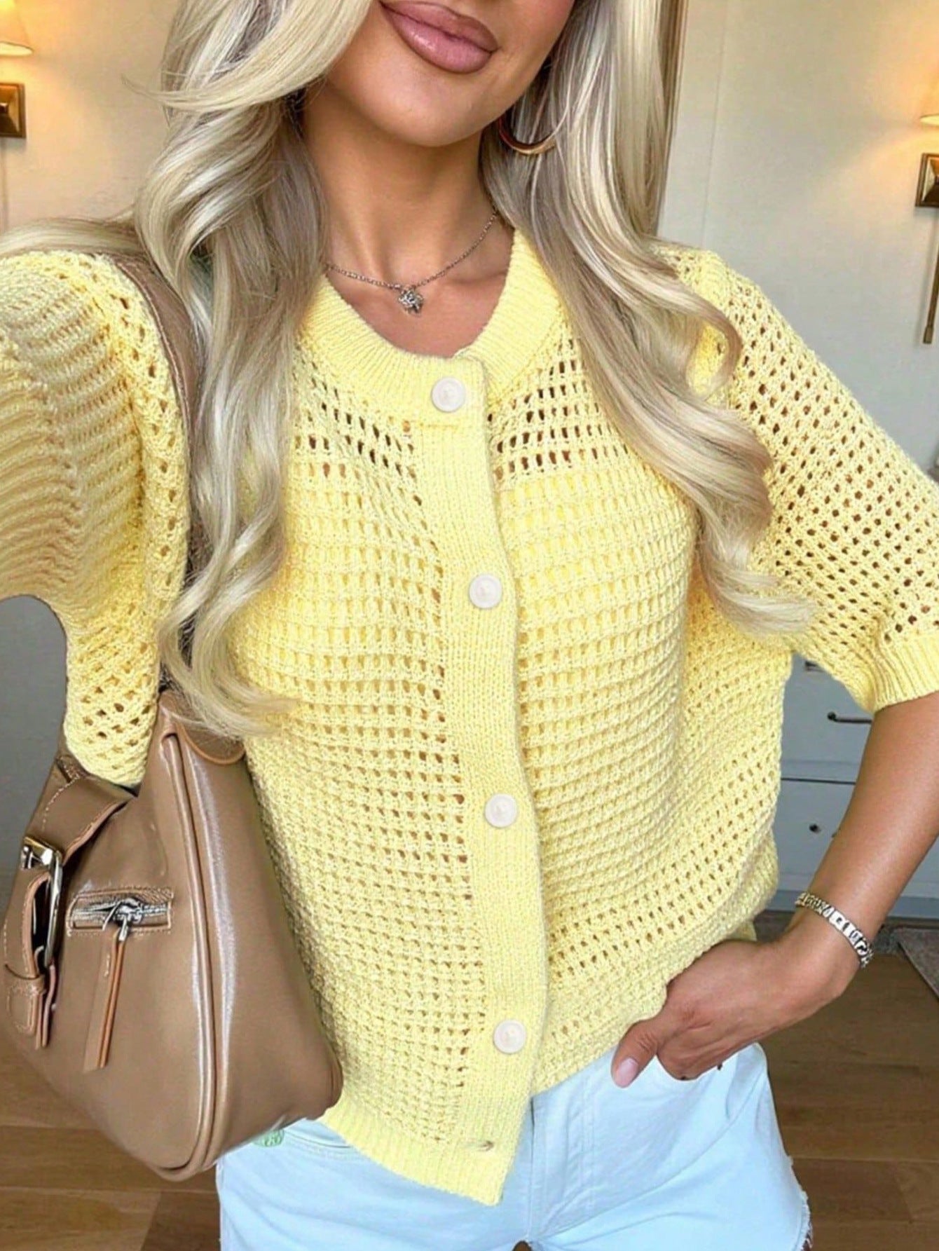 Women's Hollow-Out Knit Cardigan – Open Front, Short Sleeve, Solid Color