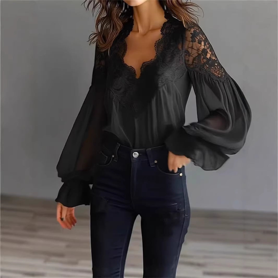 Lace-Panel Puff Sleeve Pleated Ruffle Shirt | Ballet Style
