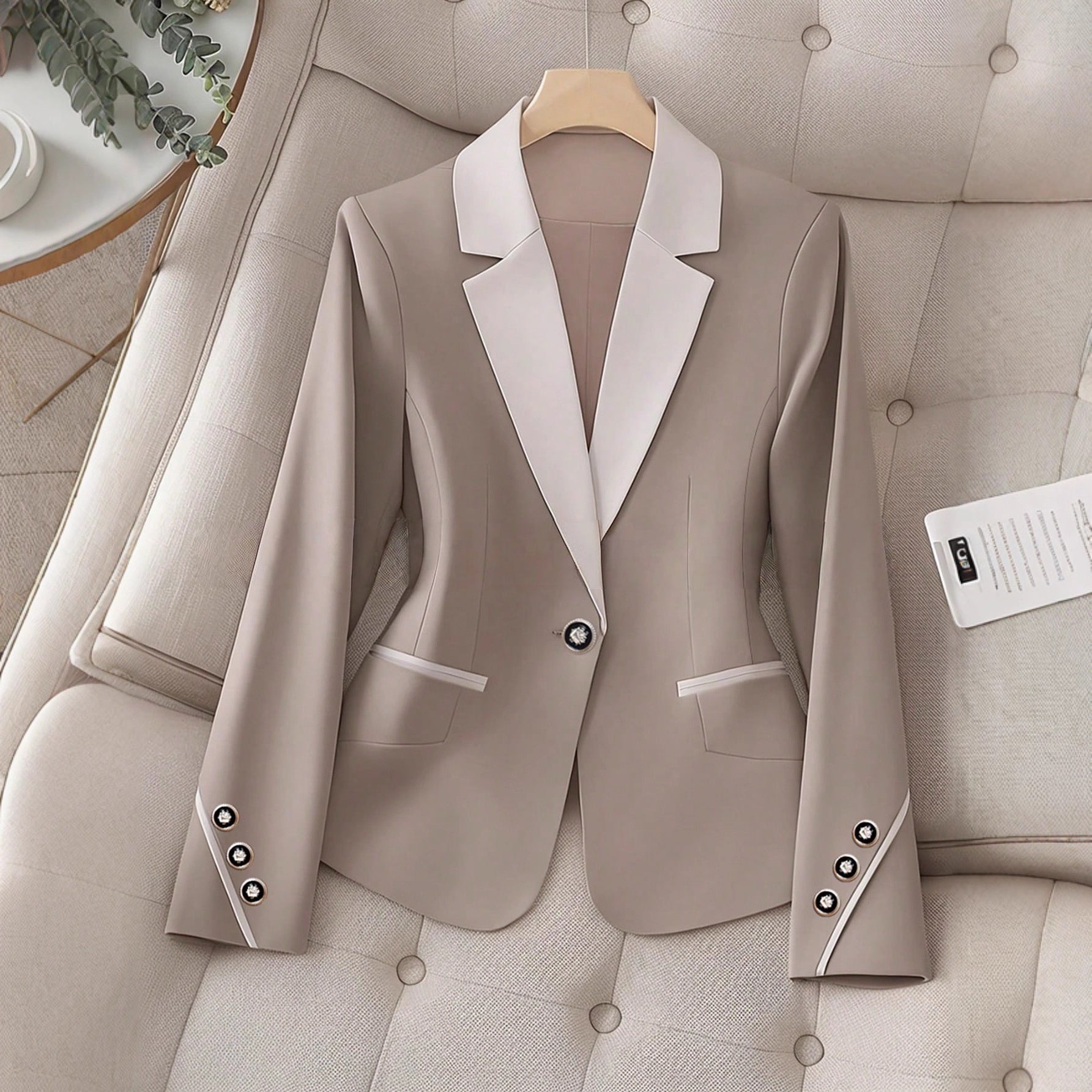 Women’s Contrasting Color Blazer – Elegant Button Formal Jacket