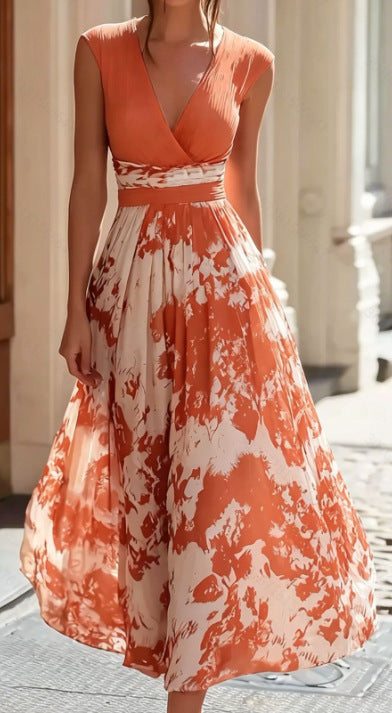 Women's Elegant Sleeveless Deep V-Neck Printed Maxi Dress with Irregular Hem