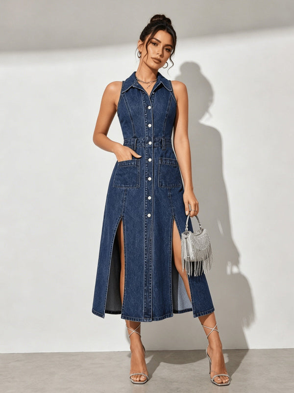 Women's Retro Washed Denim Midi Dress