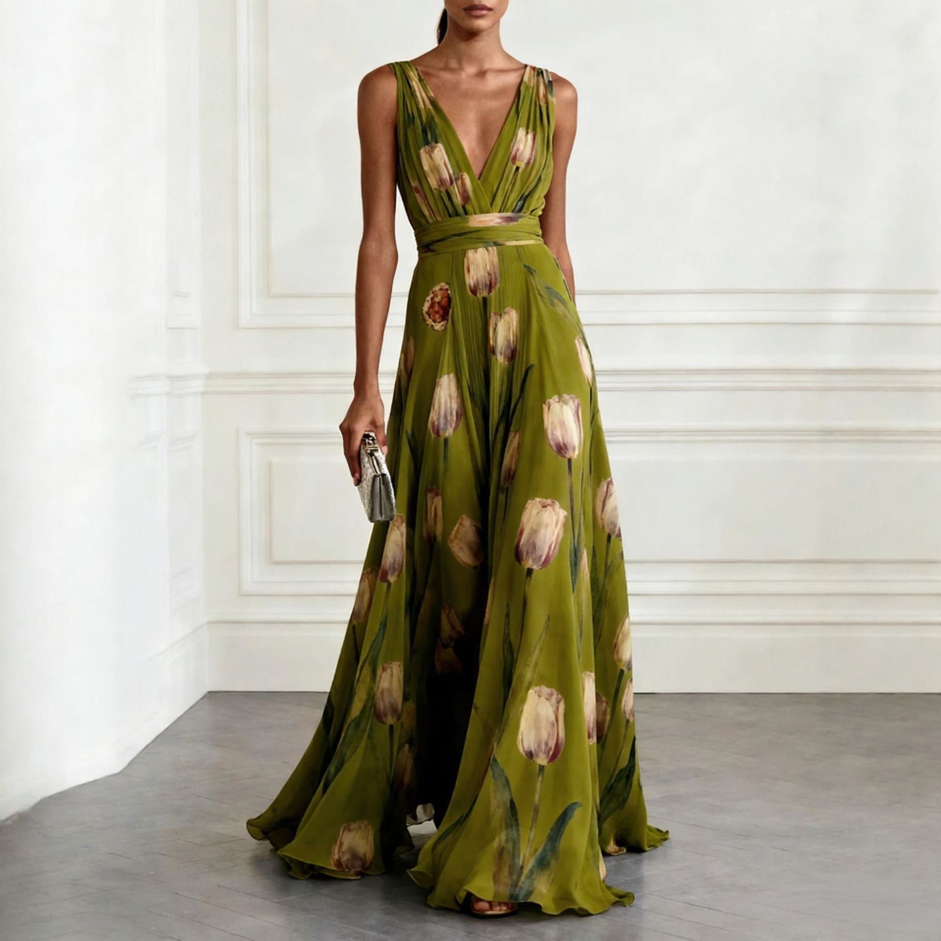 Women's Tulip Print Sleeveless Deep V-Neck A-Line Maxi Dress – 7 Colors