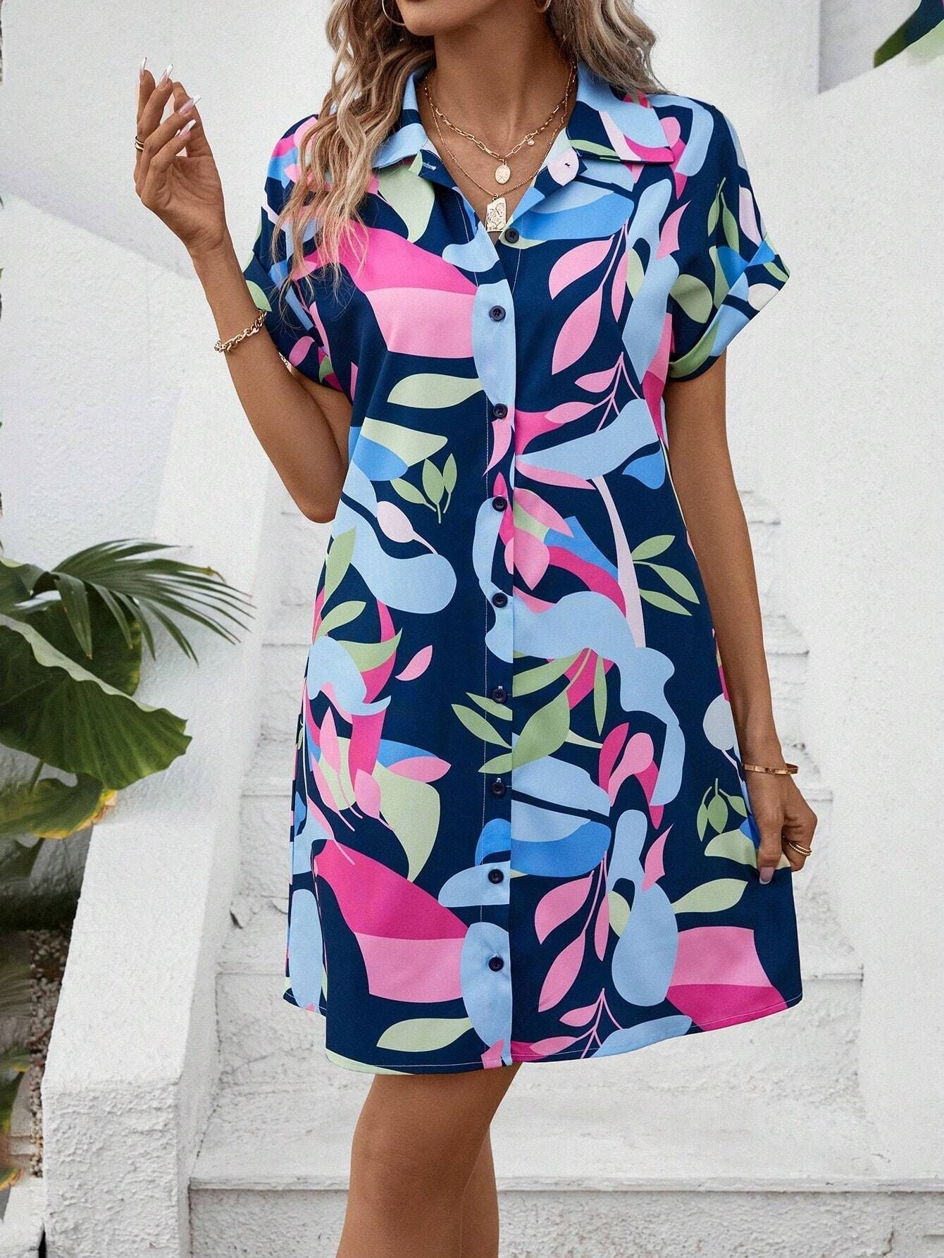 Women's Colorful Tropical Print Shirt Dress – Button Front Short Sleeve Collared A-Line Midi
