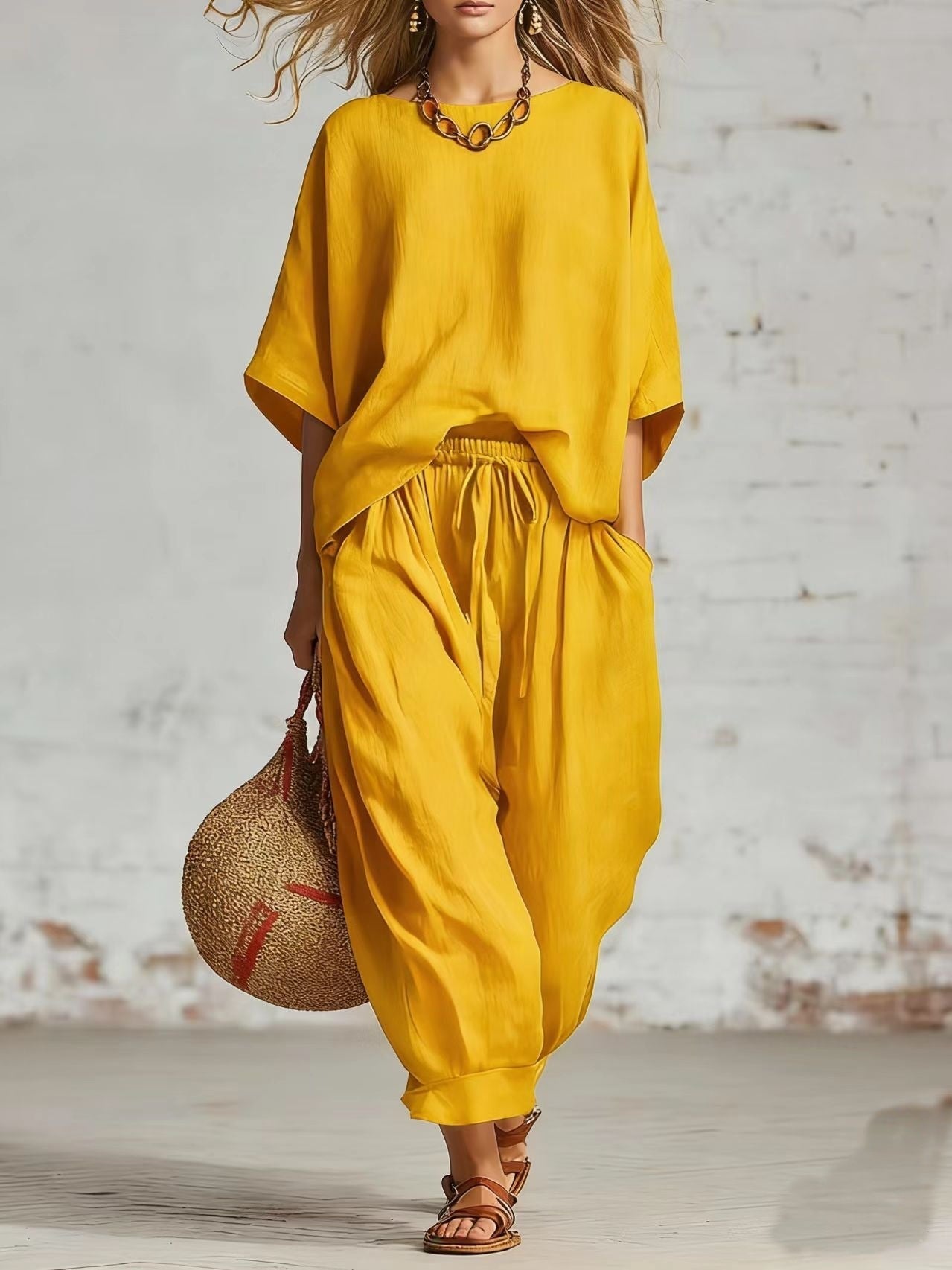 Women's Solid Color Loose Casual Set – T-Shirt & Ankle Pants