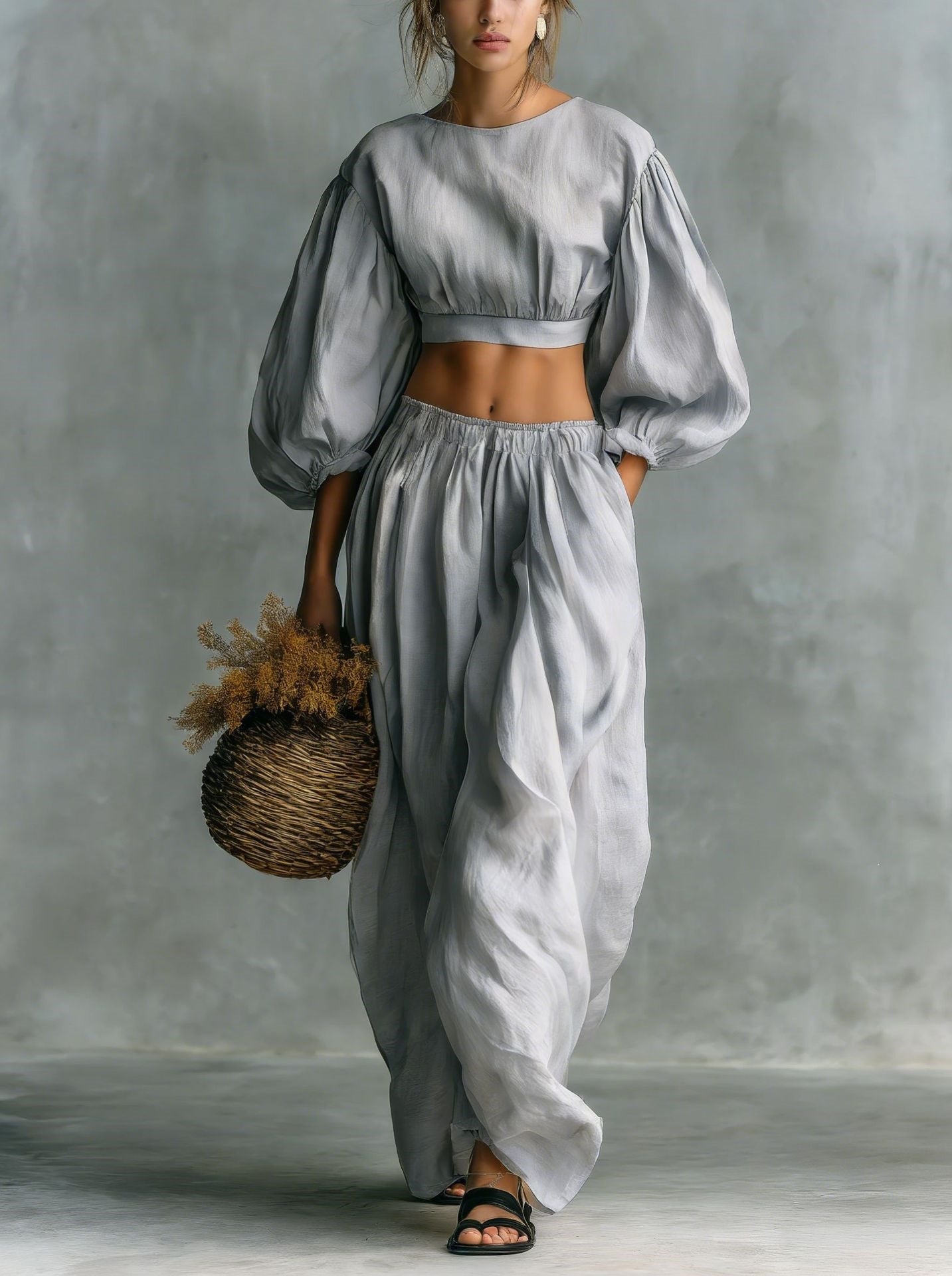 Women's Puff-Sleeve Crew-Neck Two-Piece Set with Pockets