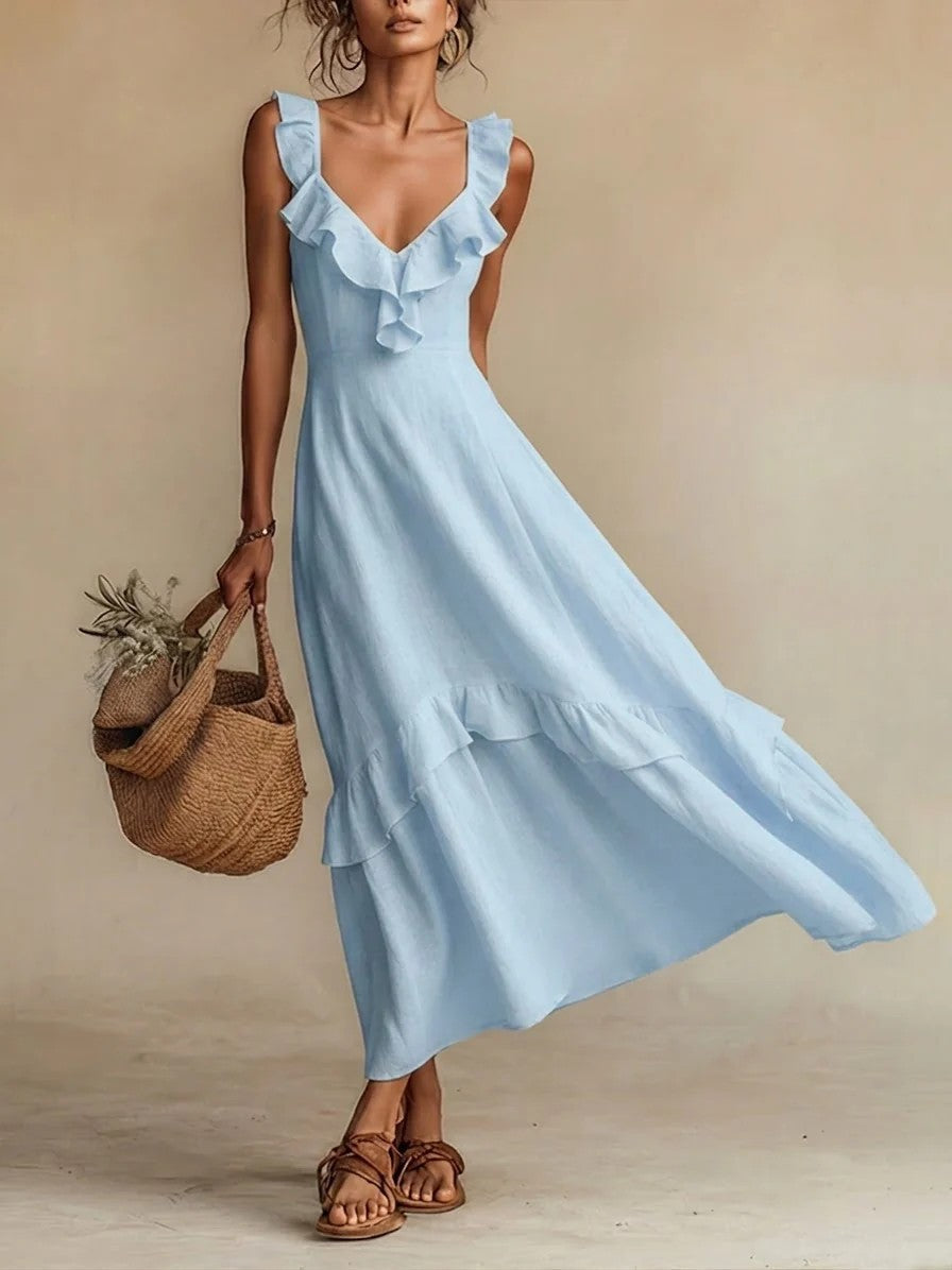 Sleeveless Ruffle Detail High-Waist Maxi Dress – 7 Colors, S–3XL