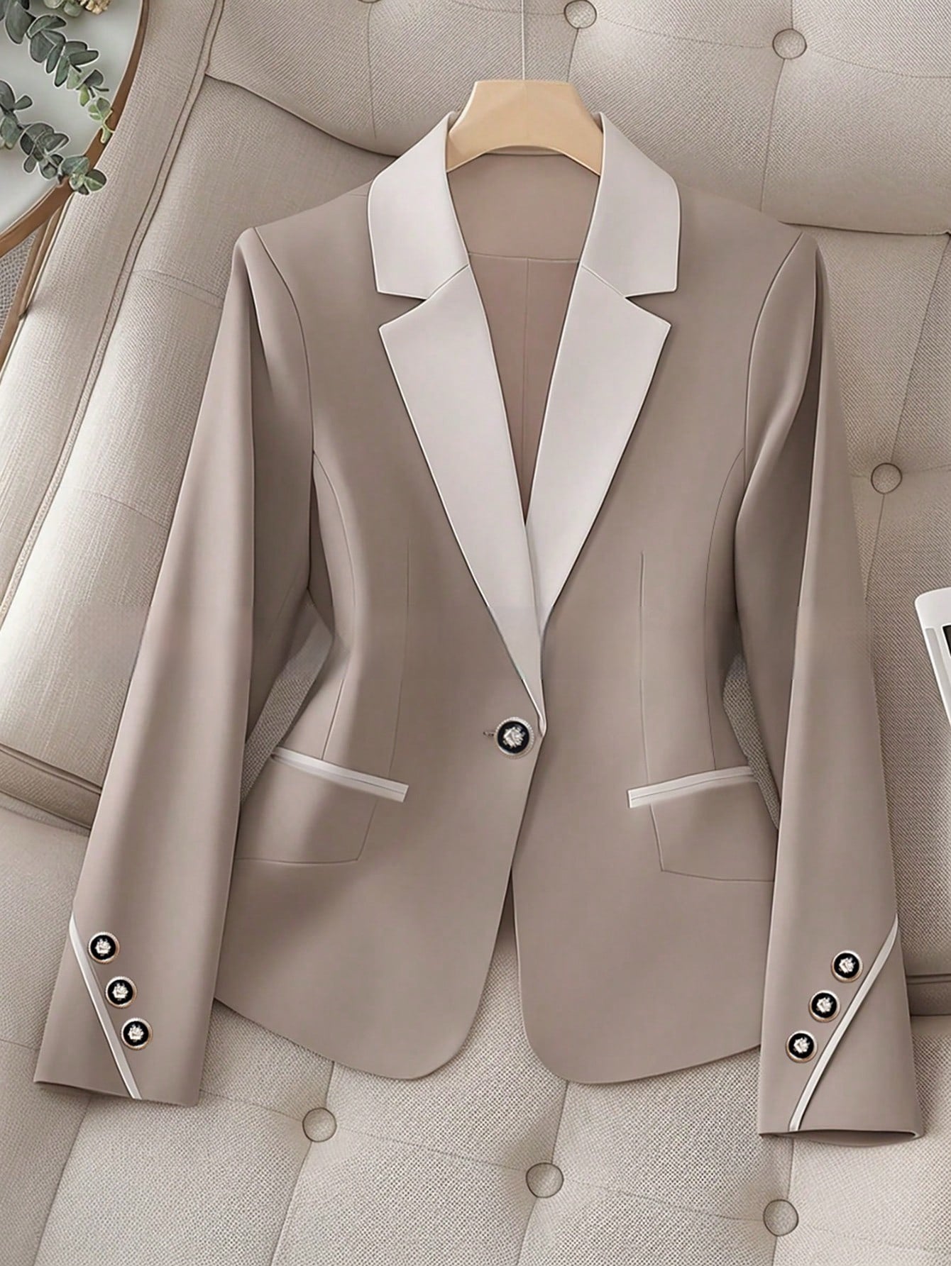 Women’s Contrasting Color Blazer – Elegant Button Formal Jacket