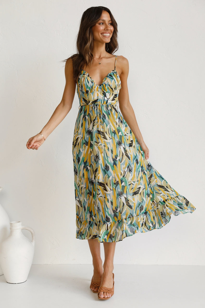Women New Printed Wooden Ear Suspender Dress