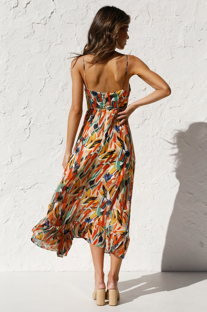Women New Printed Wooden Ear Suspender Dress