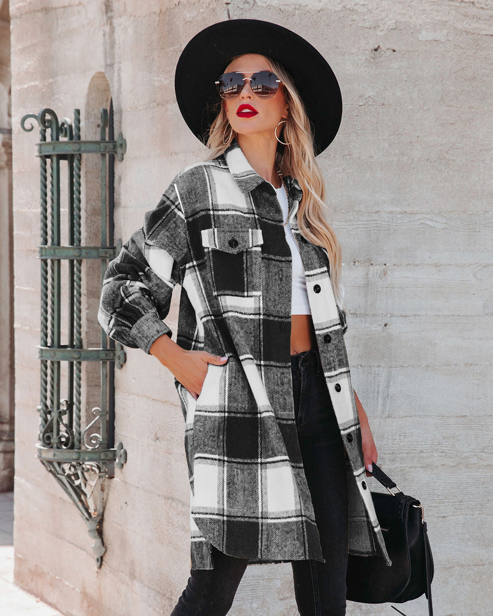 Winter Women Collared Long Plaid Top Office Loose Woolen