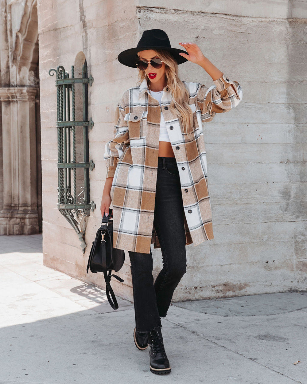 Winter Women Collared Long Plaid Top Office Loose Woolen