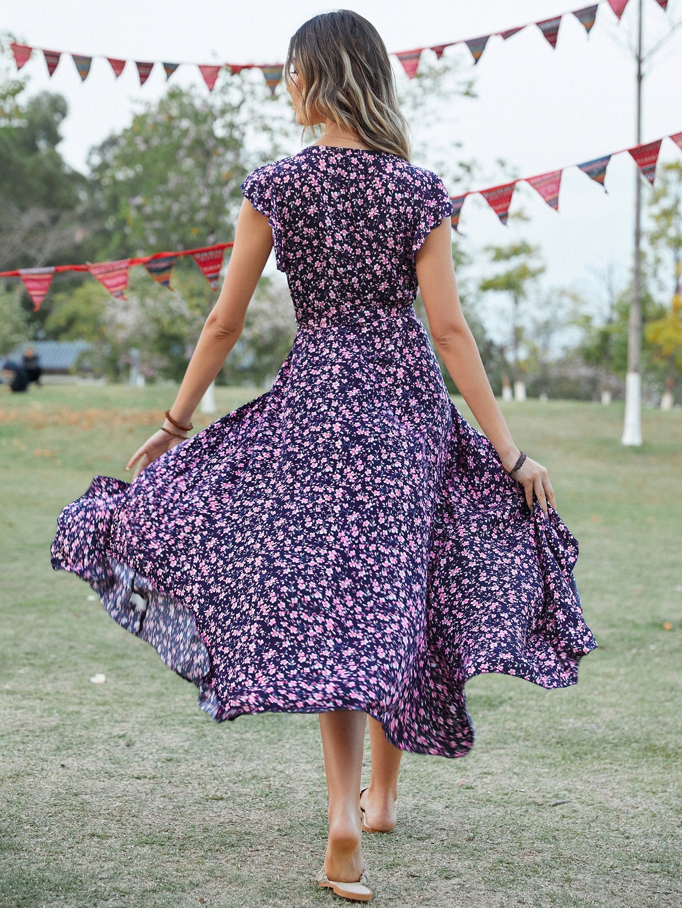 Women Summer Daily Ruffled Printed V Neck Short Sleeve High Split A Line Midi Dress