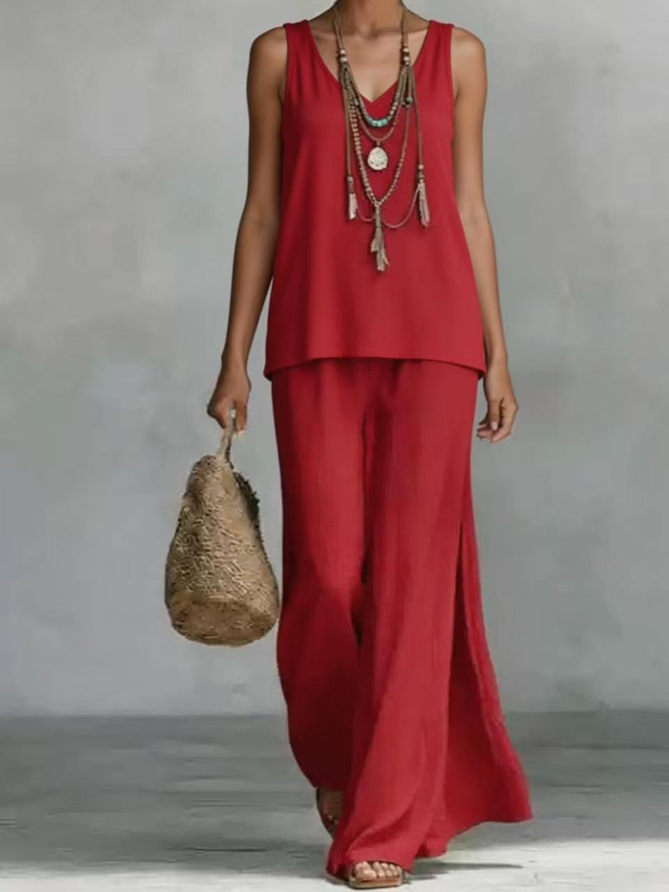 Women's Bohemian Wide-Leg Pants & V-Neck Vest Set – 3D Print