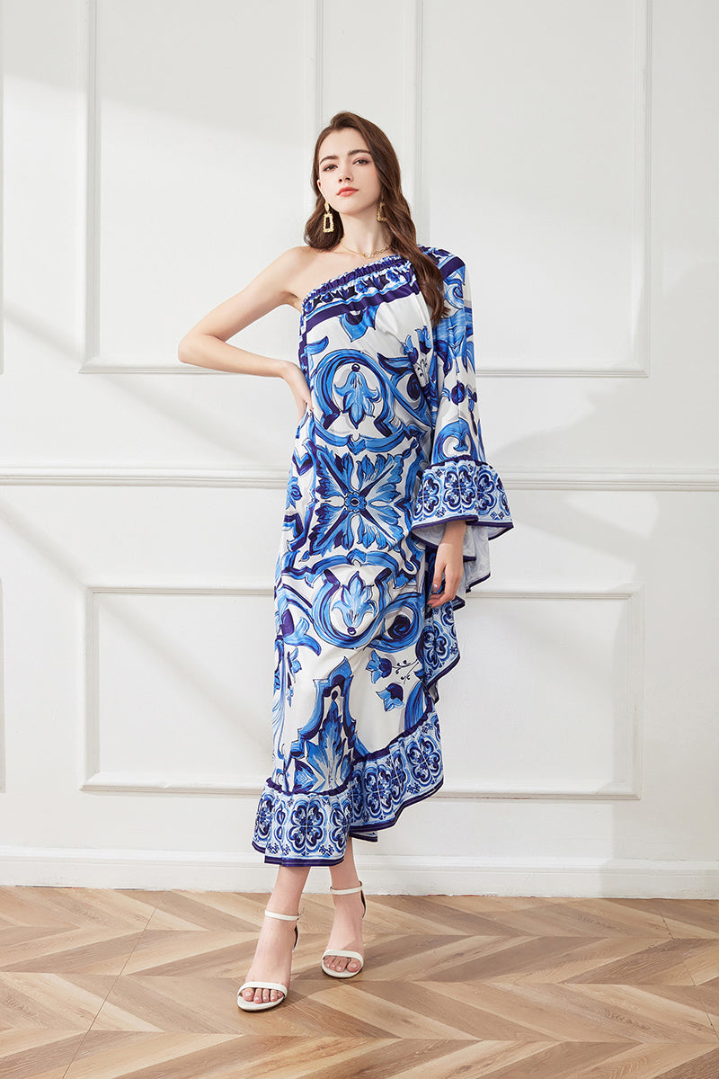 Spring Summer Asymmetric Design Slant Shoulder Print Loose Dress