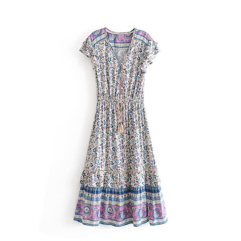 Retro Vacation Dress Printed Swing Super Fairy Lace up Waist V neck Floral Dress