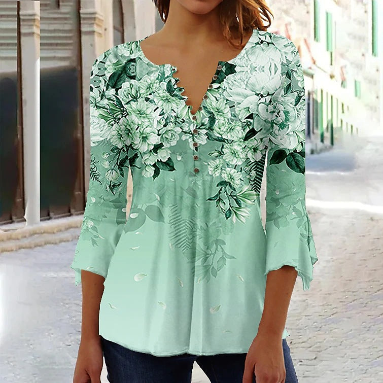 🌸 Asymmetrical Spike Button 3/4 Sleeve T-Shirt – Effortless Chic