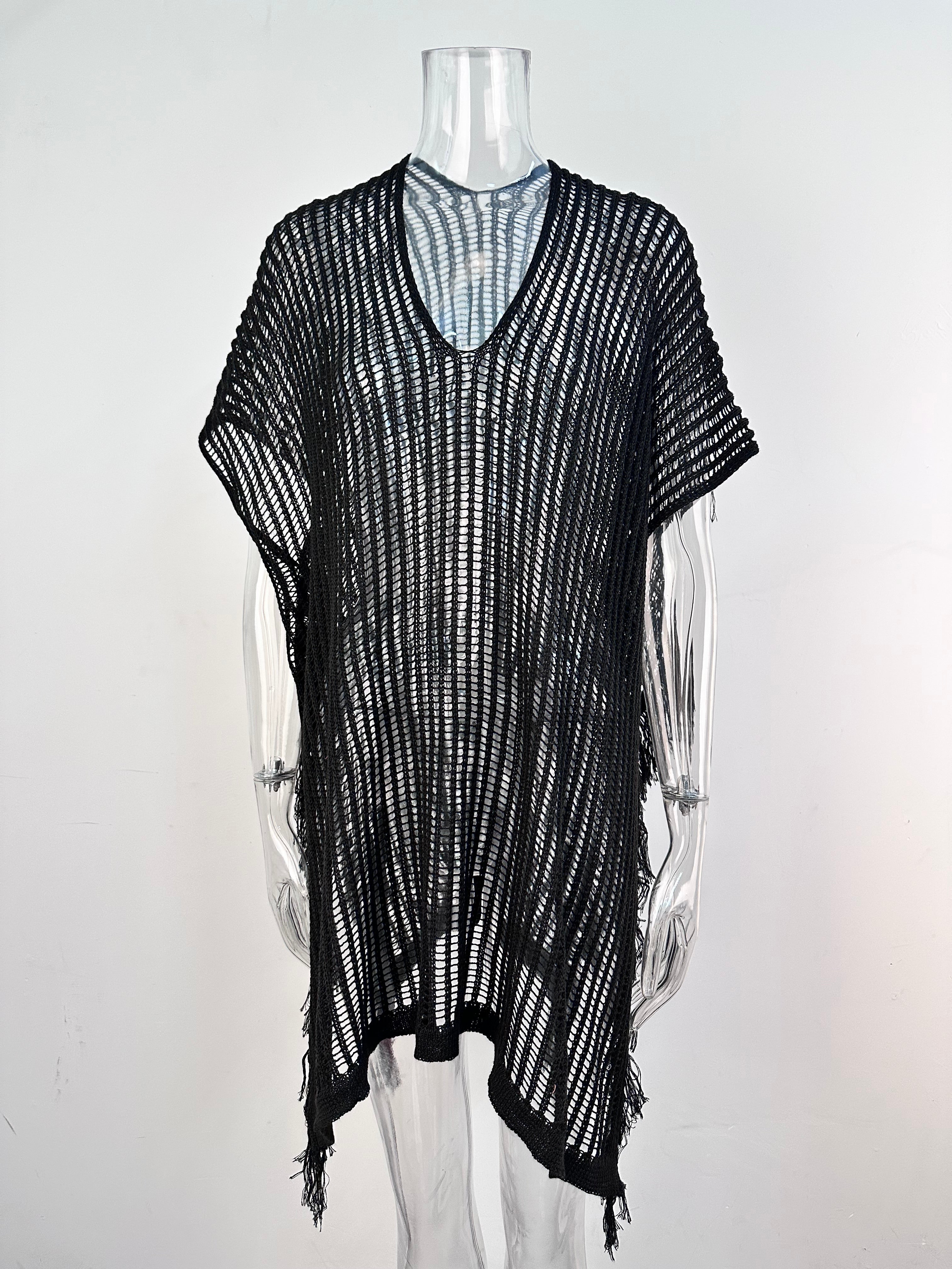 Summer Mid Length V neck Hollow Out Cutout Tassel Beachwear Holiday Shirt Seaside Sun Protection Clothing