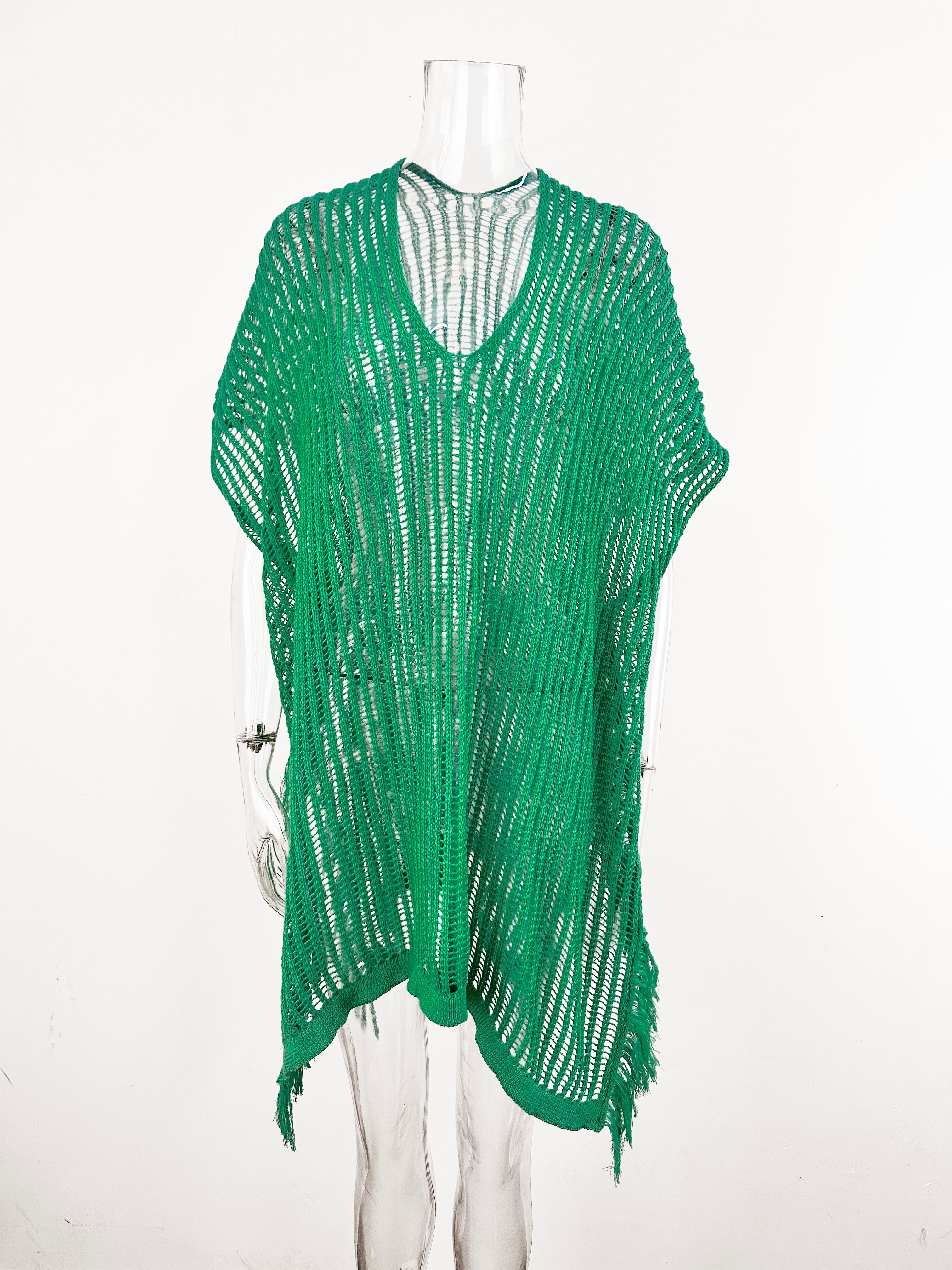 Summer Mid Length V neck Hollow Out Cutout Tassel Beachwear Holiday Shirt Seaside Sun Protection Clothing