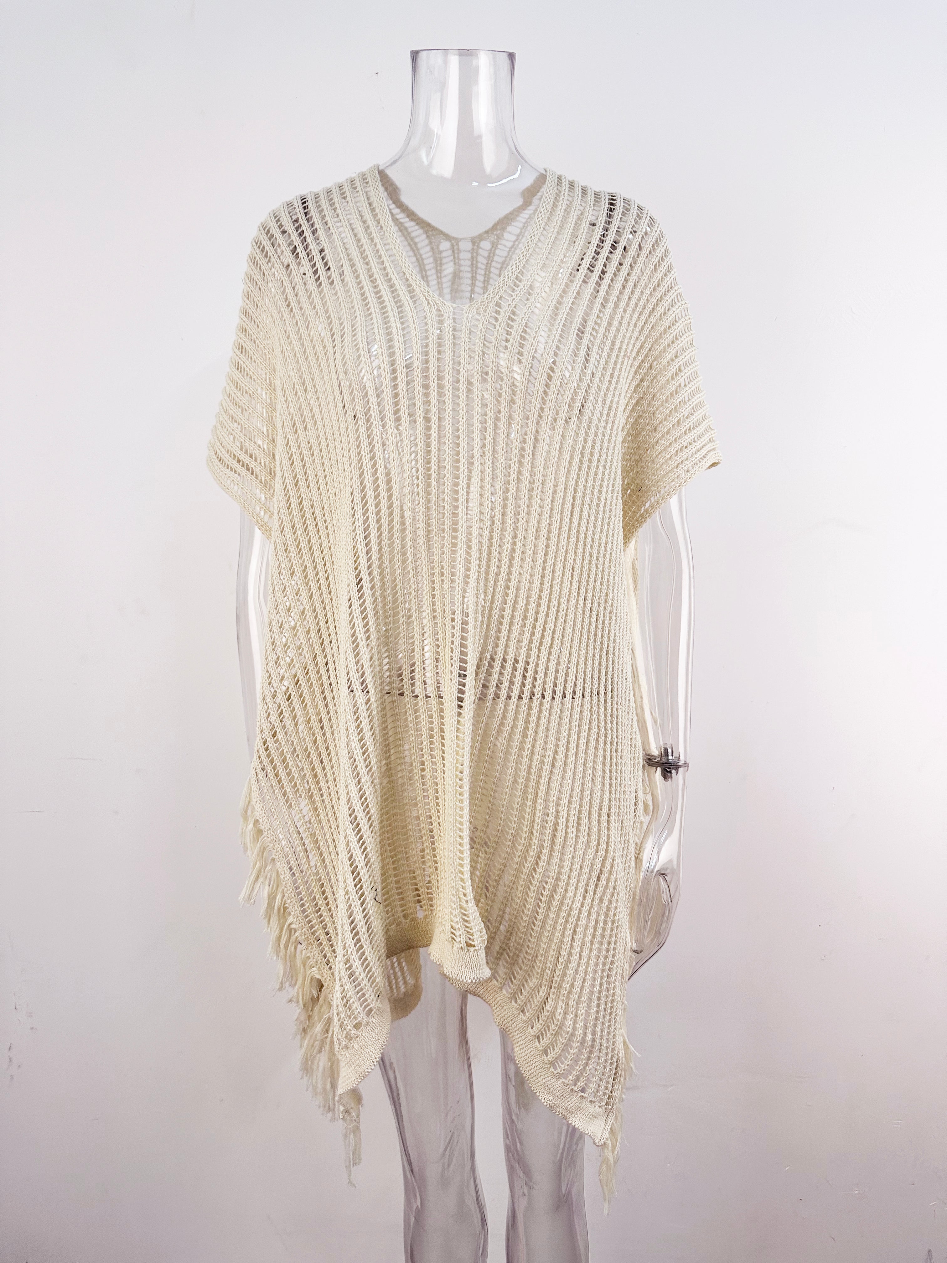 Summer Mid Length V neck Hollow Out Cutout Tassel Beachwear Holiday Shirt Seaside Sun Protection Clothing