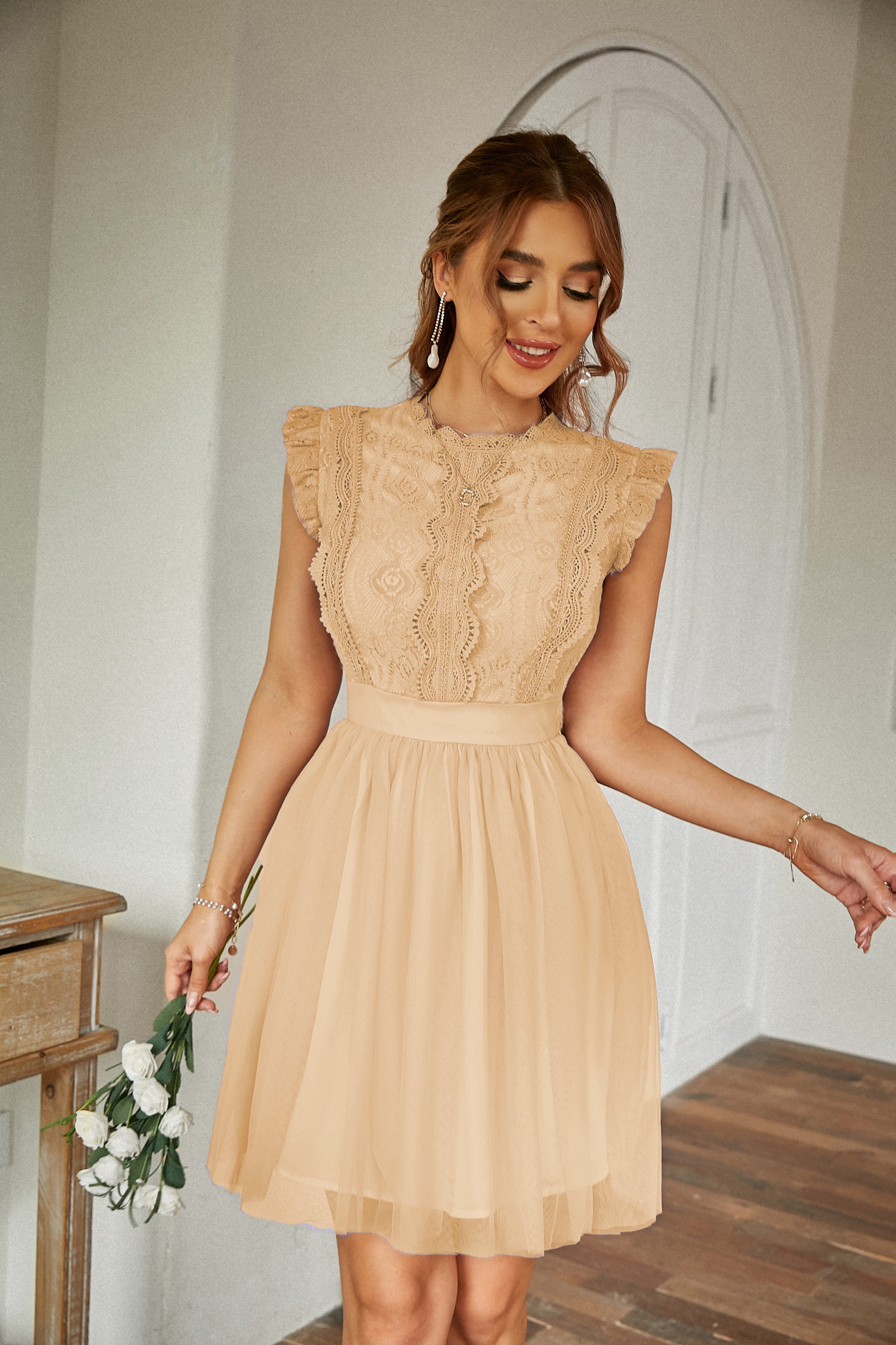 Women Summer Lace Tulle Short Sleeve Round Neck Elegant Dress