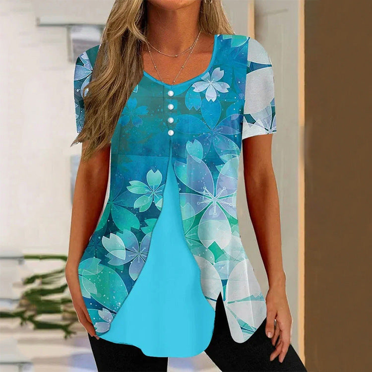 Women’s Printed Faux Two-Piece V-Neck Short Sleeve Top