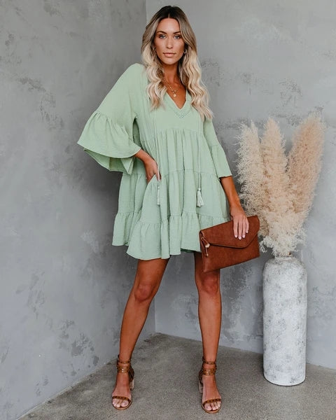 Women Summer New Lace Tassel Lace Patchwork Ruffled Dress