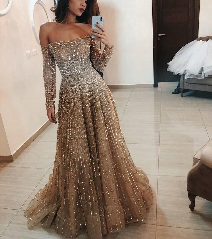 Long Autumn Winter Shiny off Shoulder Long Sleeve Tube Top Dress