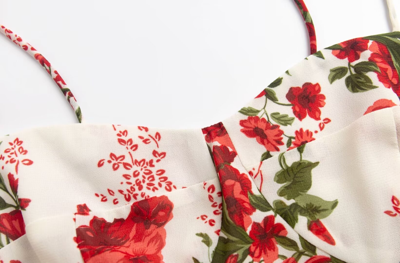 Summer French Tied Spaghetti Strap Short Dress High Grade Backless Red Floral Retro V neck Women Dress