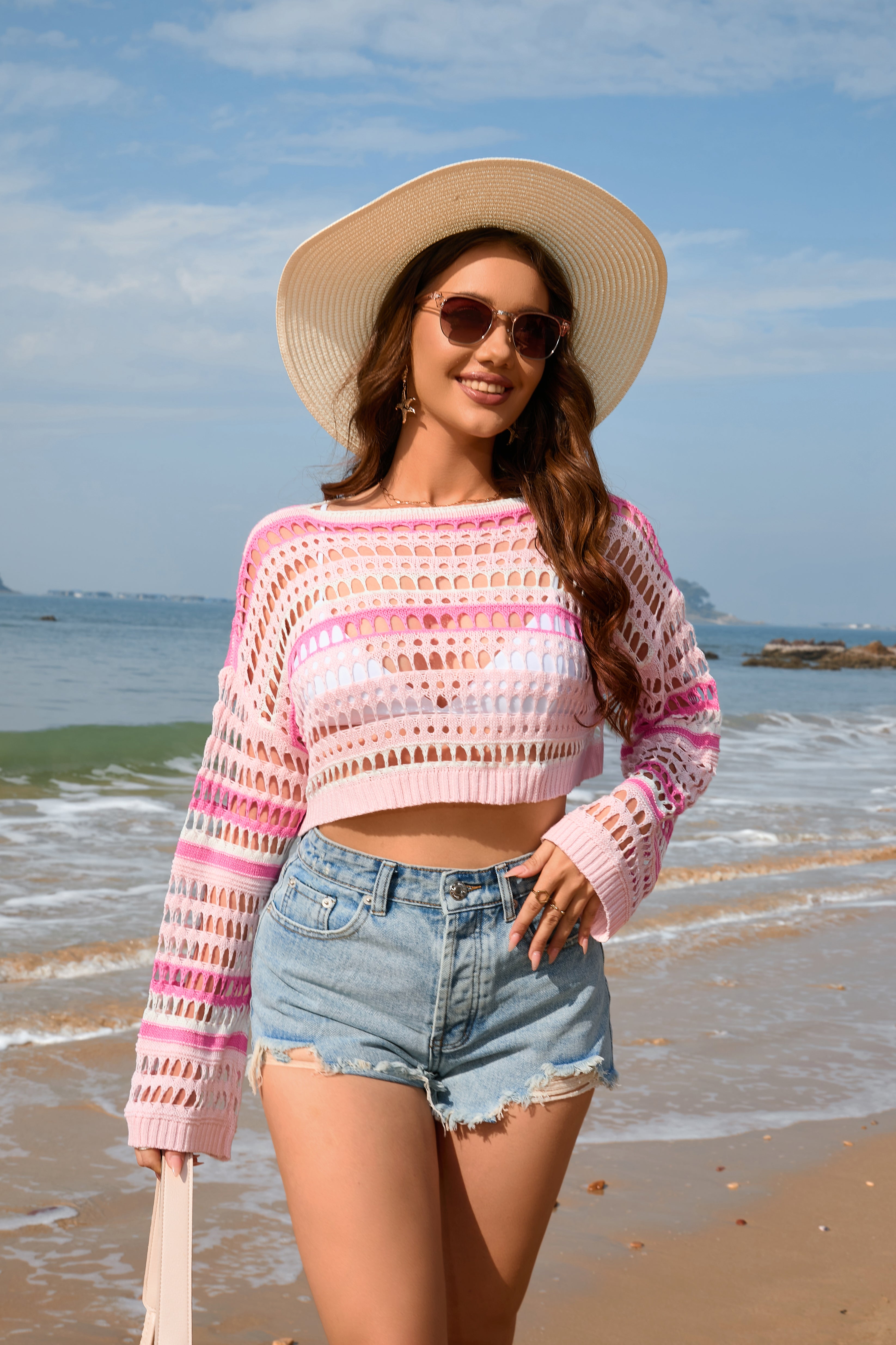 Spring Summer Women Hollow Out Cutout Striped Stitching Sexy Pullover Women Knitwear