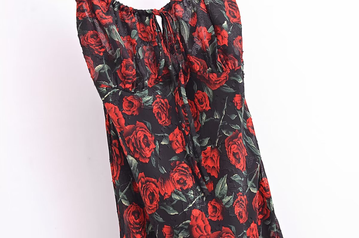 Women Rose Jacquard Printed Slim Waist Fishtail Cami Dress