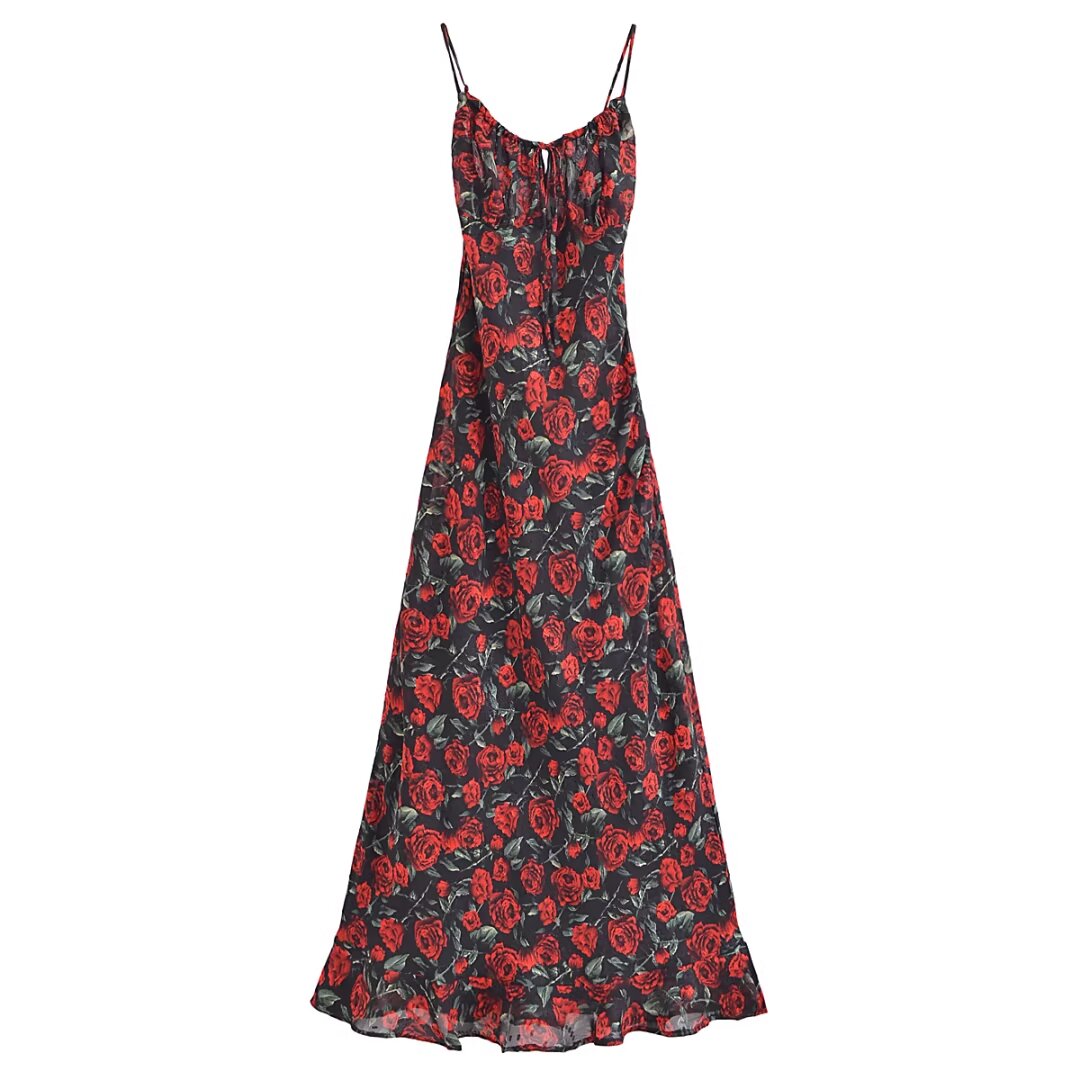 Women Rose Jacquard Printed Slim Waist Fishtail Cami Dress