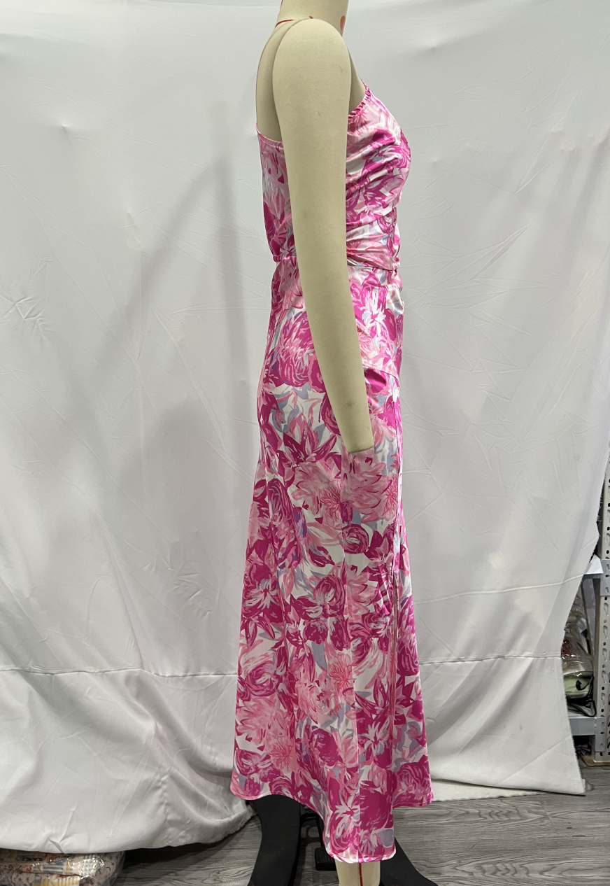 Spring Women Pink Oblique Shoulder Printed Cropped Outfit Sleeveless Dress