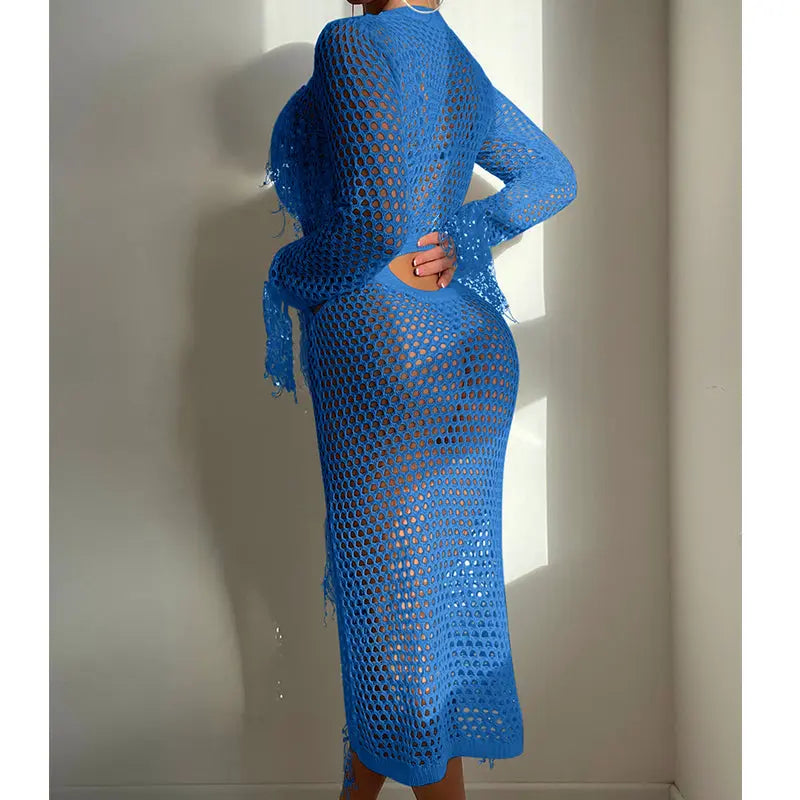 Hollow Out Cutout Knitted Sequin Tassel round Neck Cropped Outfit Long Sleeve Vacation Dress Swimsuit Blouse Sun Protection Clothing Dress Crochet hook