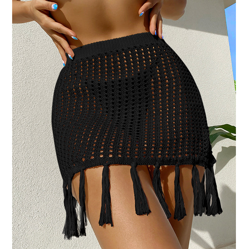 Sexy Vacation Empty See through Vacation Sun Protection Knitted Dress Tassel Skirt Beach Cover up Skirt Crochet hook