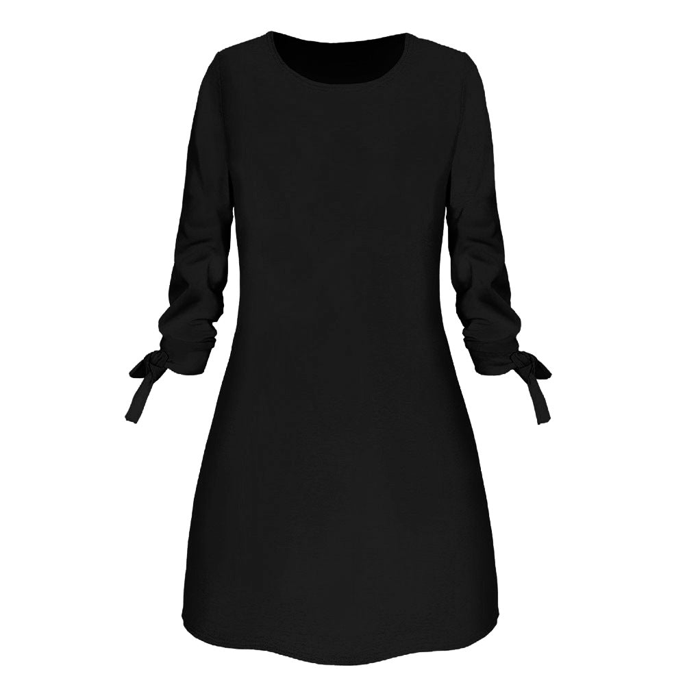 Spring Summer Autumn Solid Color Dress Casual O neck Dress Lace up