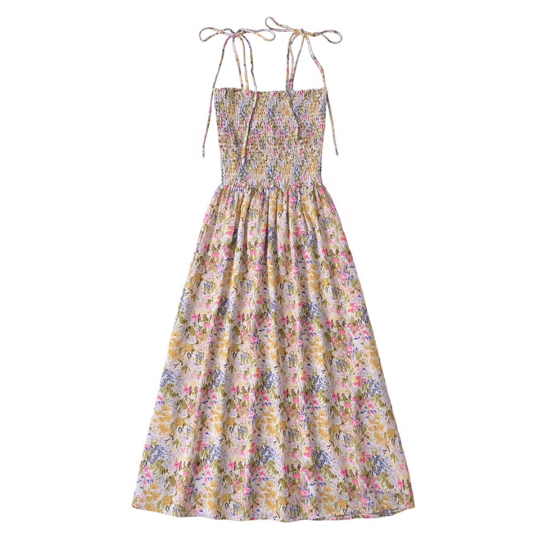 Summer French Vintage Floral Elastic Waisted Slimming Sling Dress