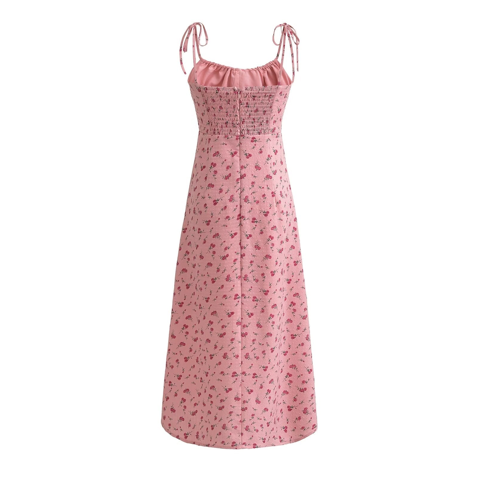 French Sweet Rose Floral Neckline Lace up Suspender Summer Tight Waist Slim A line Holiday Midi Dress