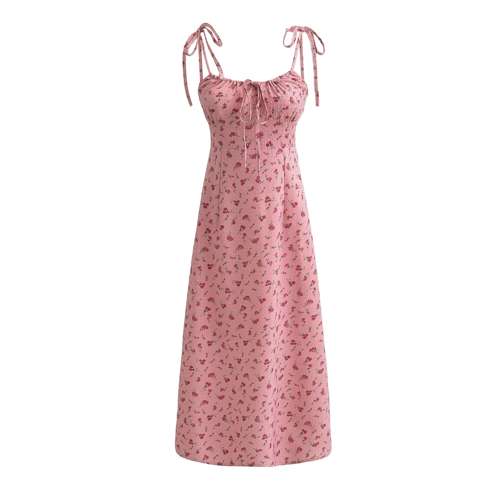 French Sweet Rose Floral Neckline Lace up Suspender Summer Tight Waist Slim A line Holiday Midi Dress