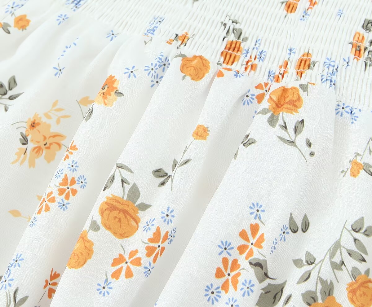 Summer French Printed Pleated Puff Sleeve Dress