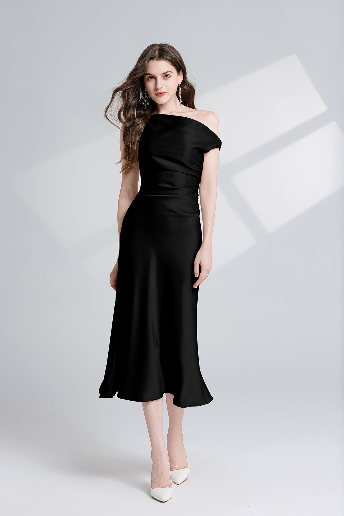 Women Summer Solid Color Asymmetrical Oblique Shoulder Dress