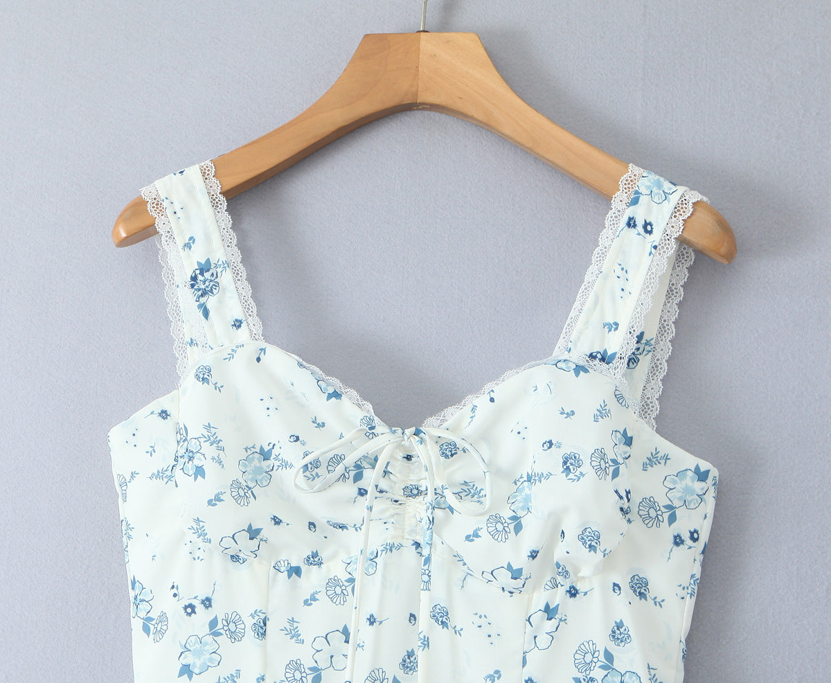 Spring Floral Print Lace Trim High Waist Slim Mid Length Sling Dress