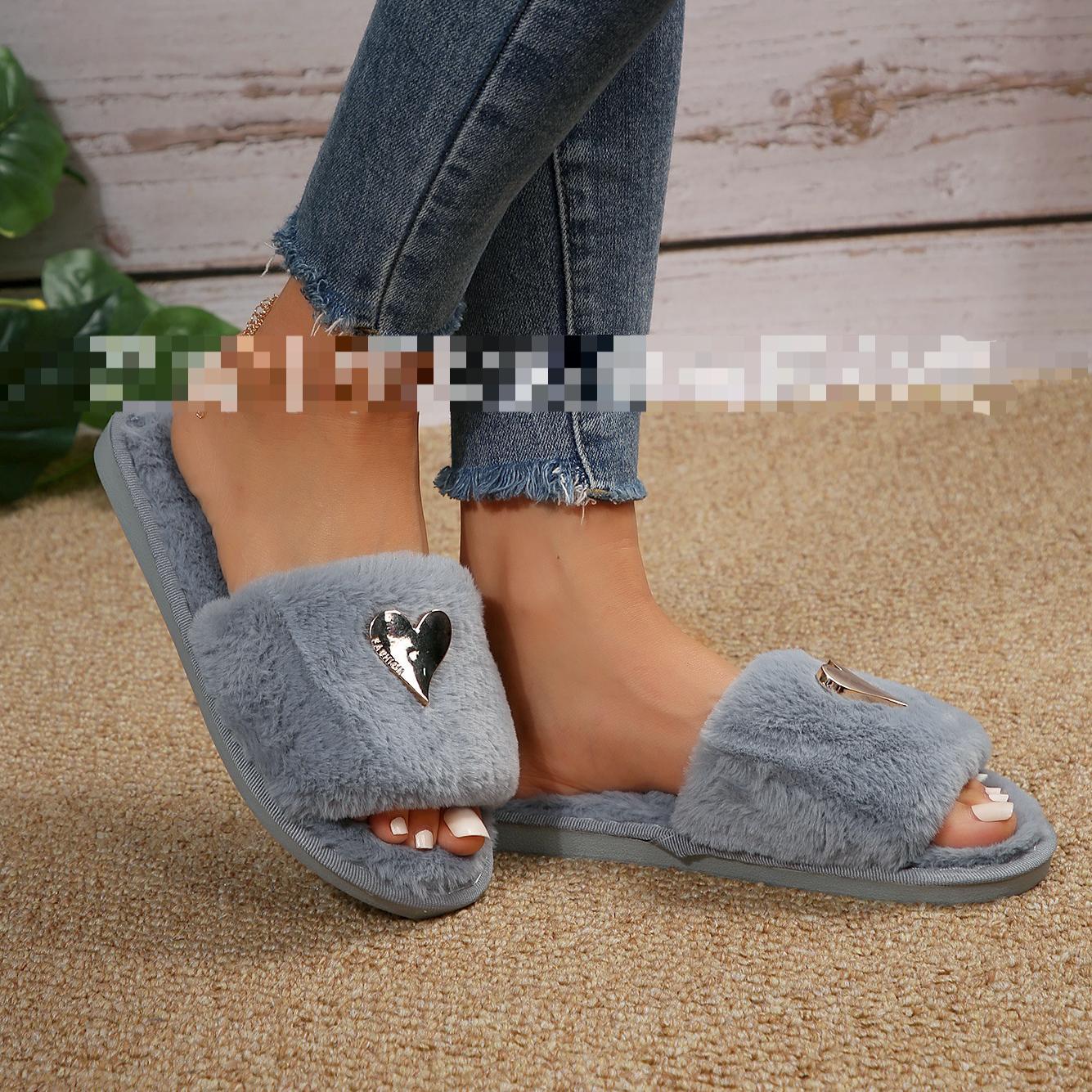 Fluffy Slippers Heart-Shaped Flat Slippers Women Home Casual Anti Rabbit Fur Cotton Slippers Women