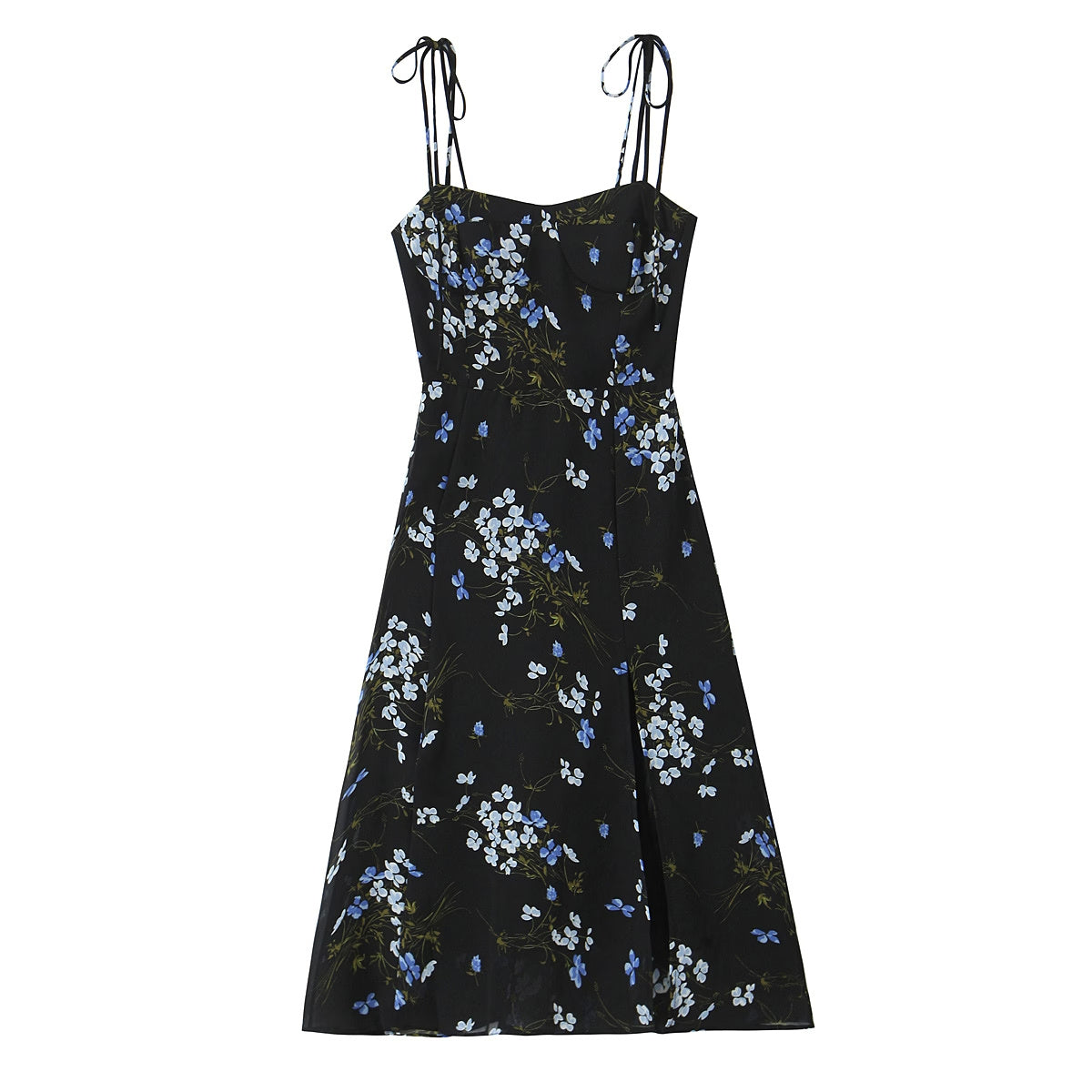 Spring French Vintage Floral Printed High Waist Sexy Side Split Hem Sling Dress