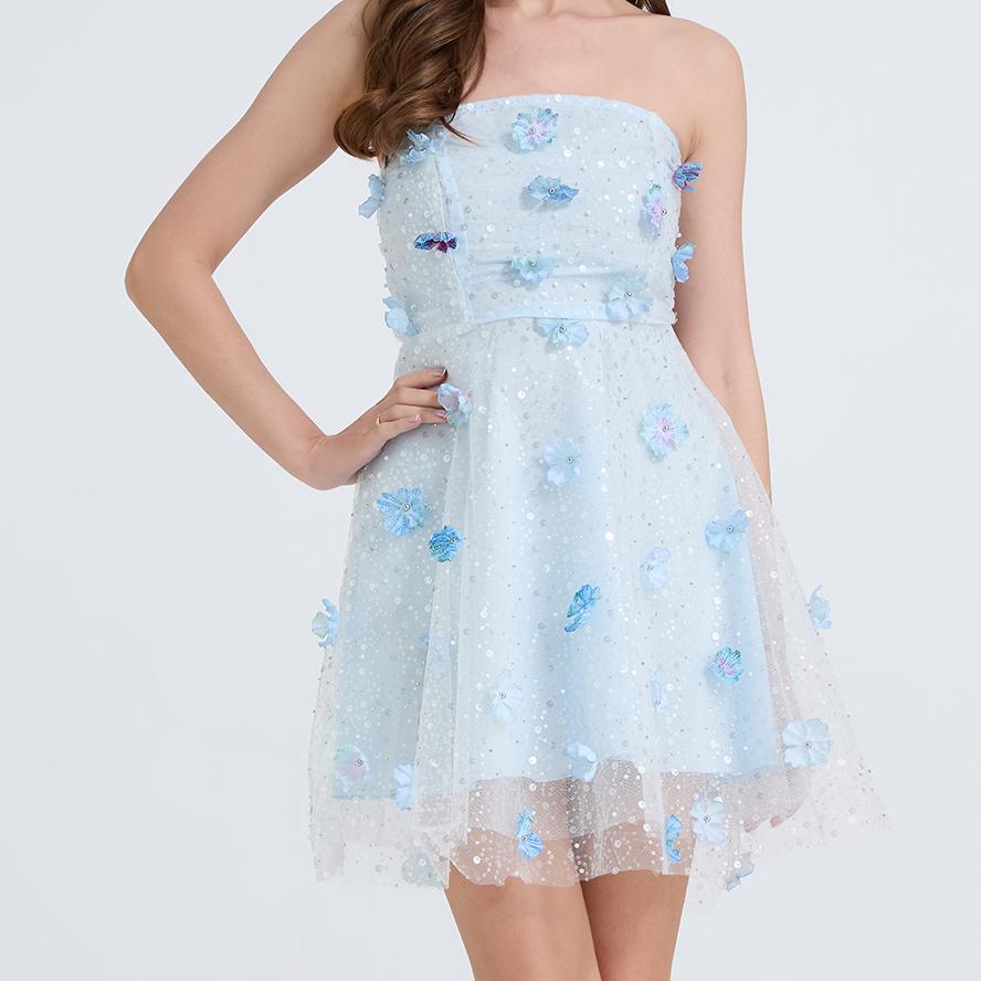 Women Embroidery Bead Studded Three Dimensional Flower High Waist Dress Yarn Shag Dress