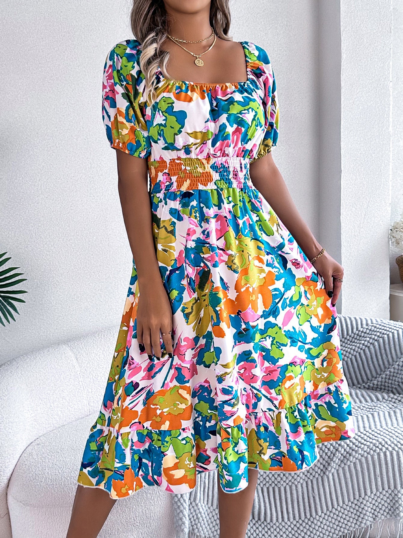 Spring Summer Casual Floral Square Collar Short Sleeve Waist Trimming Ruffles A line Dress Women Clothing