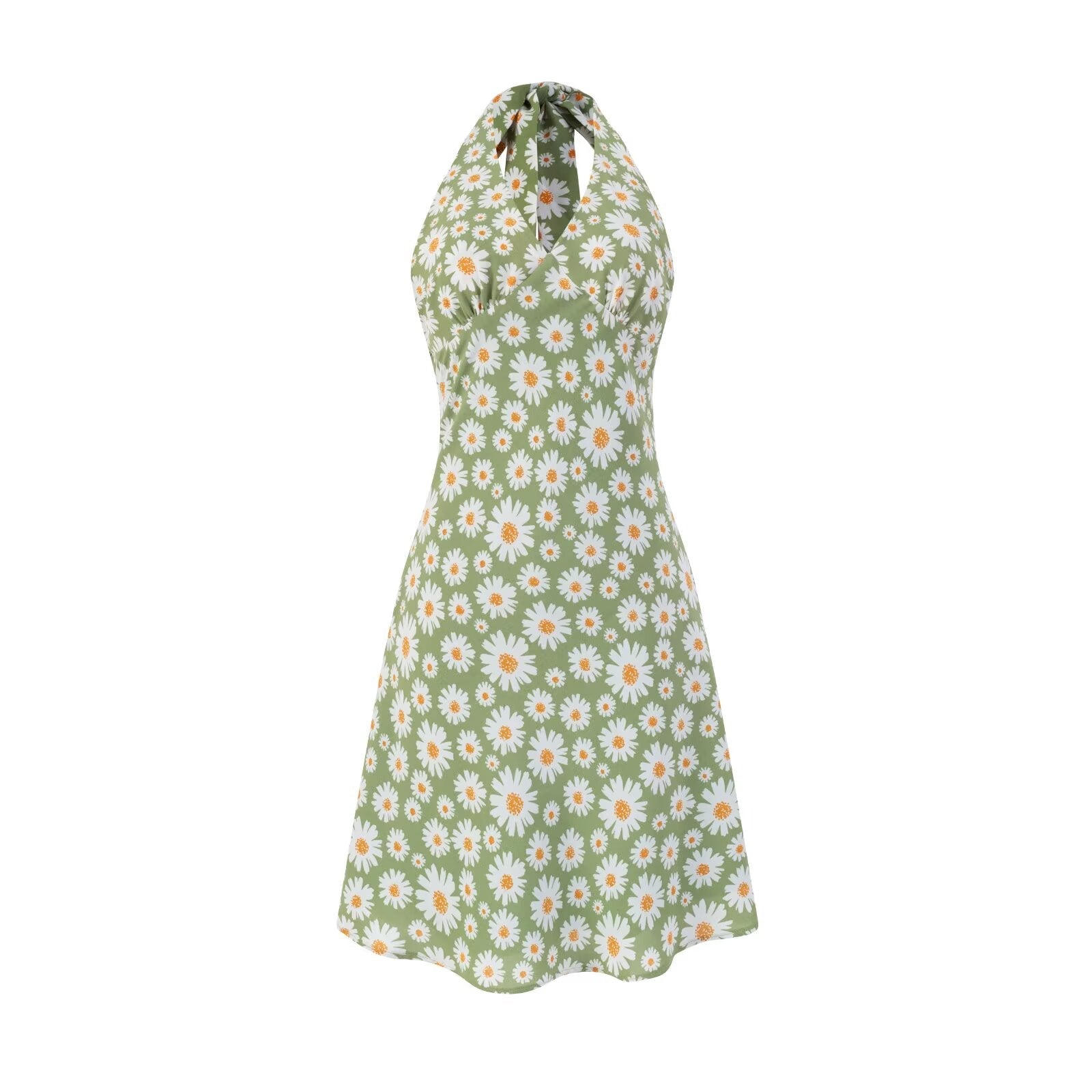 Summer Sexy Sexy High Waist Slim Fit Little Daisy Printed Halter Backless Dress Short