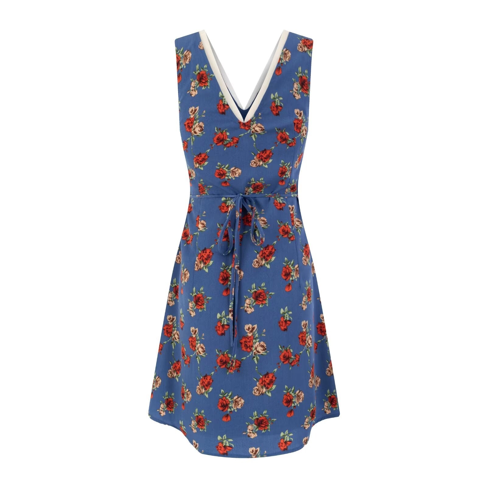 Spring Casual Vacation Floral V neck Lace up Waist Slimming Figure Dress