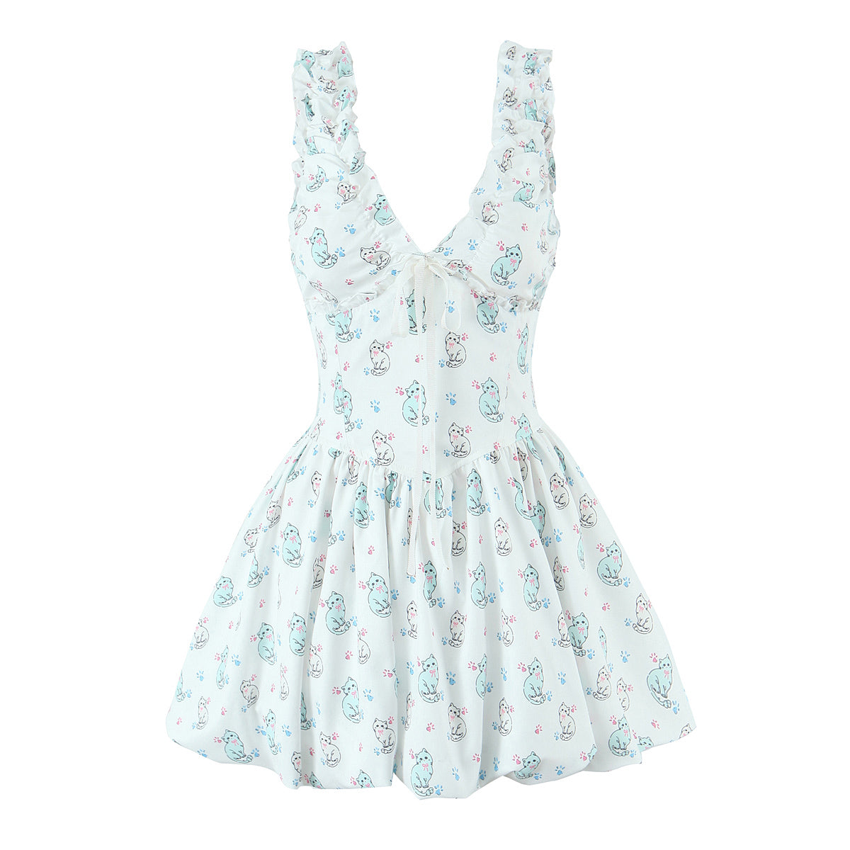 Spring Summer Women Clothing Sexy Fresh Printed V neck Tulle Dress