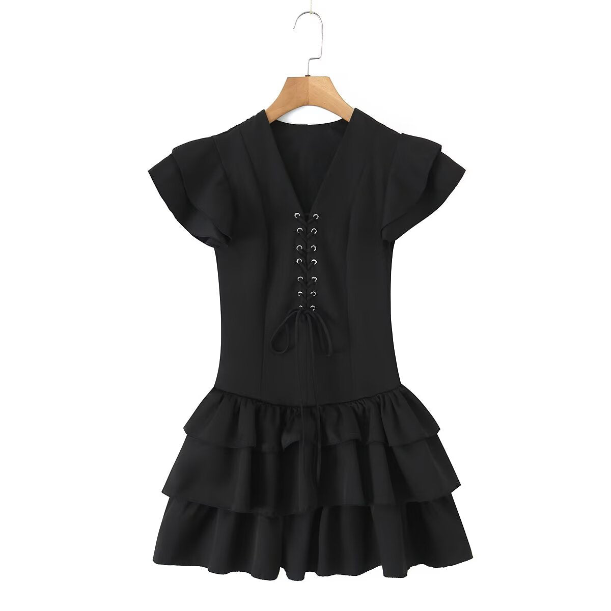 Summer Women Sexy Flying Sleeve Lace up Slim Fitting Patchwork Solid Color Tiered Dress